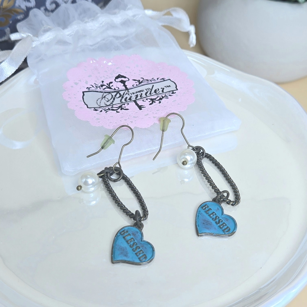 Plunder Turquoise and Silver Blessed Heart Earrings
